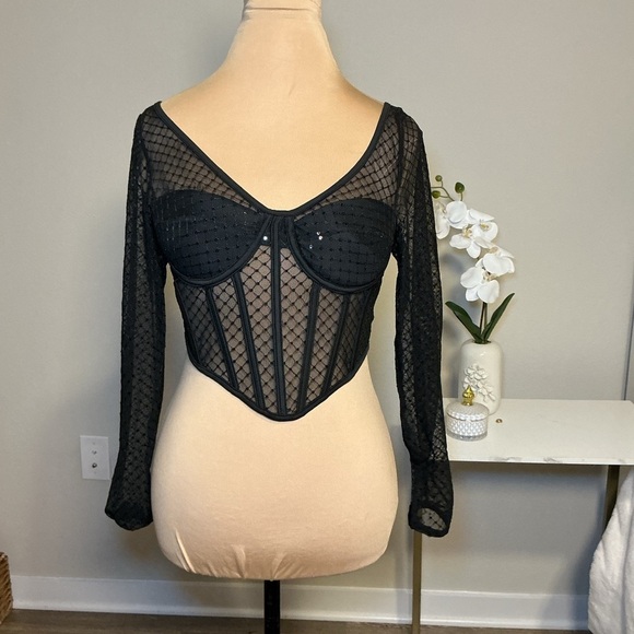 Sincerly Jules Tops - Black Sheer Long Sleeve Corset Top